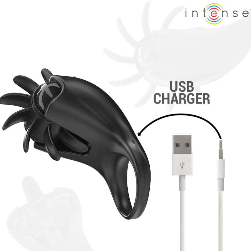 INTENSE - MABEL ANILLO VIBRADOR 10 VIBRACIONES CON ESTIMULADOR DE CLÍTORIS NEGRO