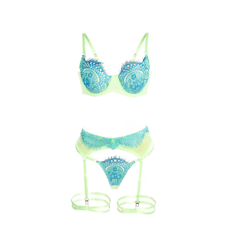 SUBBLIME - 955328 SET SUJETADOR CON ENCAJE Y LIGUEROS VERDE Y AZUL L/XL