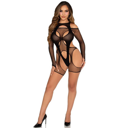 LEG AVENUE - BODY DE REJILLA CON LIGA Y ARNÉS NEGRO