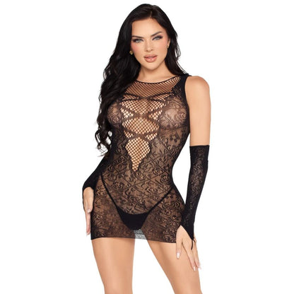 LEG AVENUE - 81679 MINI VESTIDO Y GUANTES A JUEGO NEGRO - TALLA ÚNICA