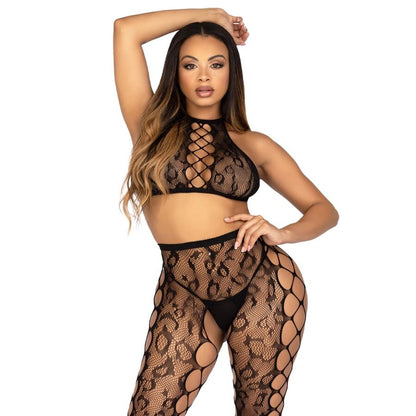 LEG AVENUE - 89372 CROP TOP Y MEDIAS SIN ENTREPIERNA NEGRO - TALLA ÚNICA