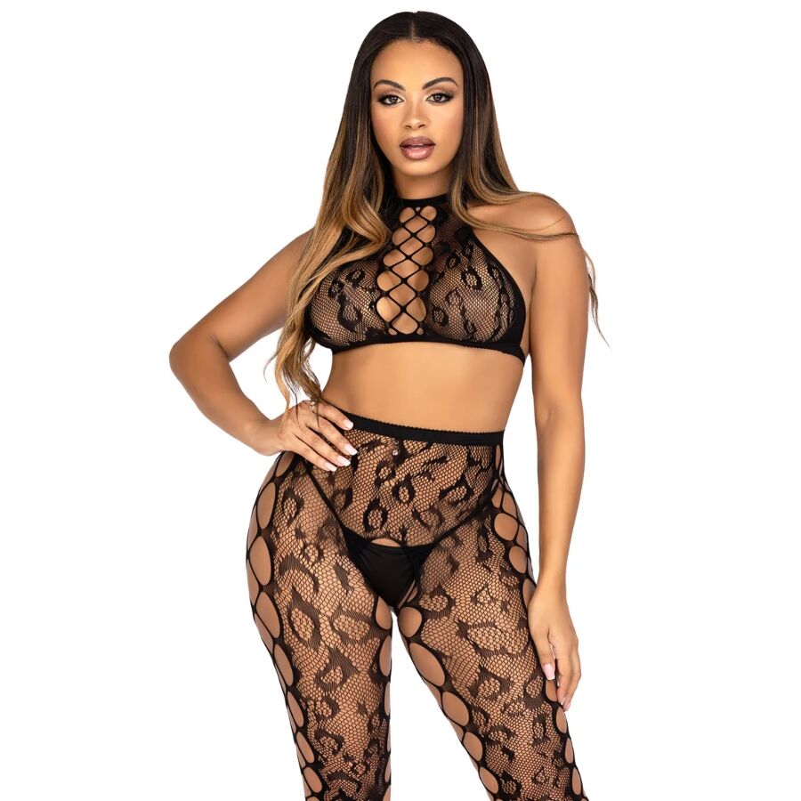LEG AVENUE - 89372 CROP TOP Y MEDIAS SIN ENTREPIERNA NEGRO - TALLA ÚNICA